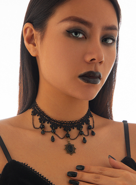 黑色水晶圆珠蕾丝项链女 欧美复古新款个性网红气质锁骨链潮人