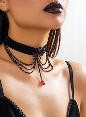 暗黑系流苏蛛蛛植绒布项链