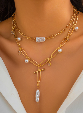 不规则仿珍珠十字链项链套装