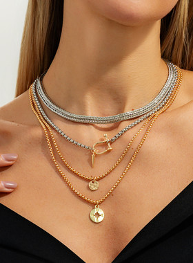 4件套铆钉BOX链项链套装 欧美嘻哈潮流时尚个性网红搭配服装饰品