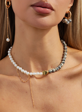2件套仿珍珠斑点珠子耳环项链套装 欧美潮流时尚不对称个性锁骨链
