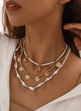 3件套贝壳CCB米珠项链套装 欧美嘻哈潮流时尚海边旅行度假配饰品