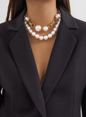 2件套拼多CCB仿珍珠项链套装 欧美夏季新款时尚个性不对称颈链潮