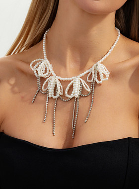 流苏镶钻蝴蝶结仿珍珠项链女欧美2026新潮时尚个性小众设计锁骨链