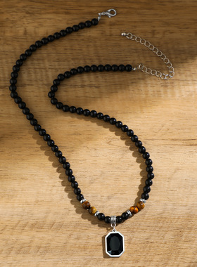 男款虎石珠子宝石吊坠项链