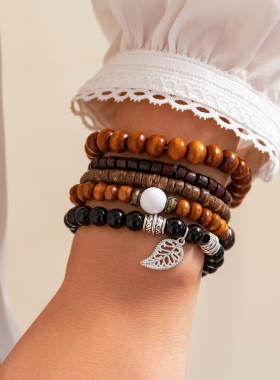 5件套树叶吊坠木珠手链套装 欧美复古时尚网红户外写真拍照饰品潮