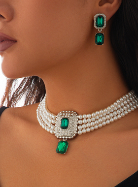 镶钻宝石多层仿珍珠耳钉项链套装 轻奢复古潮流时尚赫本风配饰品