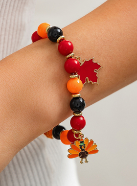 感恩节枫叶南瓜串珠手链女 欧美新潮时尚小众设计百搭网红配饰品