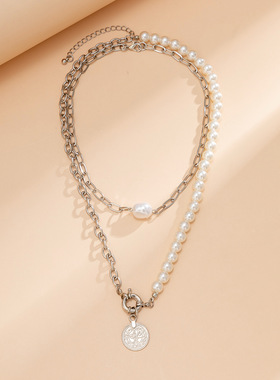 2件套不对称设计仿珍珠项链女 欧美嘻哈潮时尚网红气质叠戴锁骨链