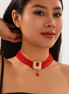 方形镶钻亚克力珠子多层项链女 轻奢时尚宽版大气网红潮流锁骨链