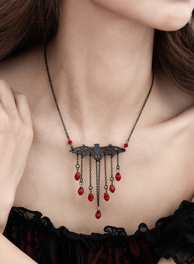 镂空蝙蝠红色水晶流苏项链女 欧美新潮万圣节暗黑系锁骨链配饰品
