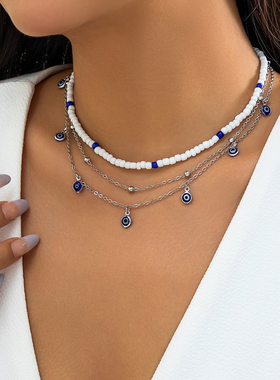 3件套眼睛吊坠米珠项链套装