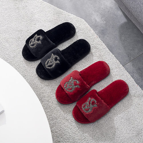 水钻毛毛拖鞋女外贸2025新款居家亮钻保暖时尚开口棉拖鞋跨境 - 图0