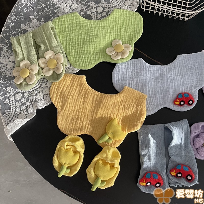 ins潮婴儿夏季围嘴袜子2件套装纯棉纱布透气口水巾围兜新生薄款袜,淘宝优惠券,粉丝福利购,淘宝优惠卷