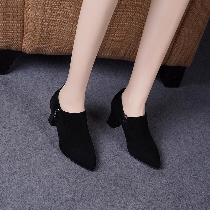 深口粗跟侧拉链单鞋女2025年秋冬新款尖头绒面皮鞋磨砂软皮高跟鞋,淘宝优惠券,粉丝福利购,淘宝优惠卷