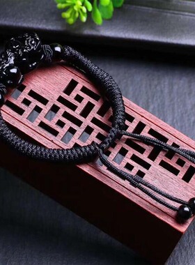 天然黑曜石编织金刚结貔貅手链