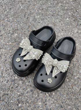 适配crocs卡骆驰黑色洞洞鞋鞋花重工蝴蝶结鞋扣鞋装饰女鞋配饰diy