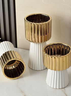 简约现代电镀金白黑色樱花陶瓷花瓶三件套家居装饰摆件摆设工艺品