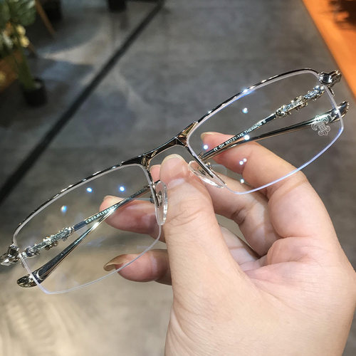 简丹萝心潮百搭商务半框眼镜框复古金丝男女防蓝光近视变色平光镜 - 图1