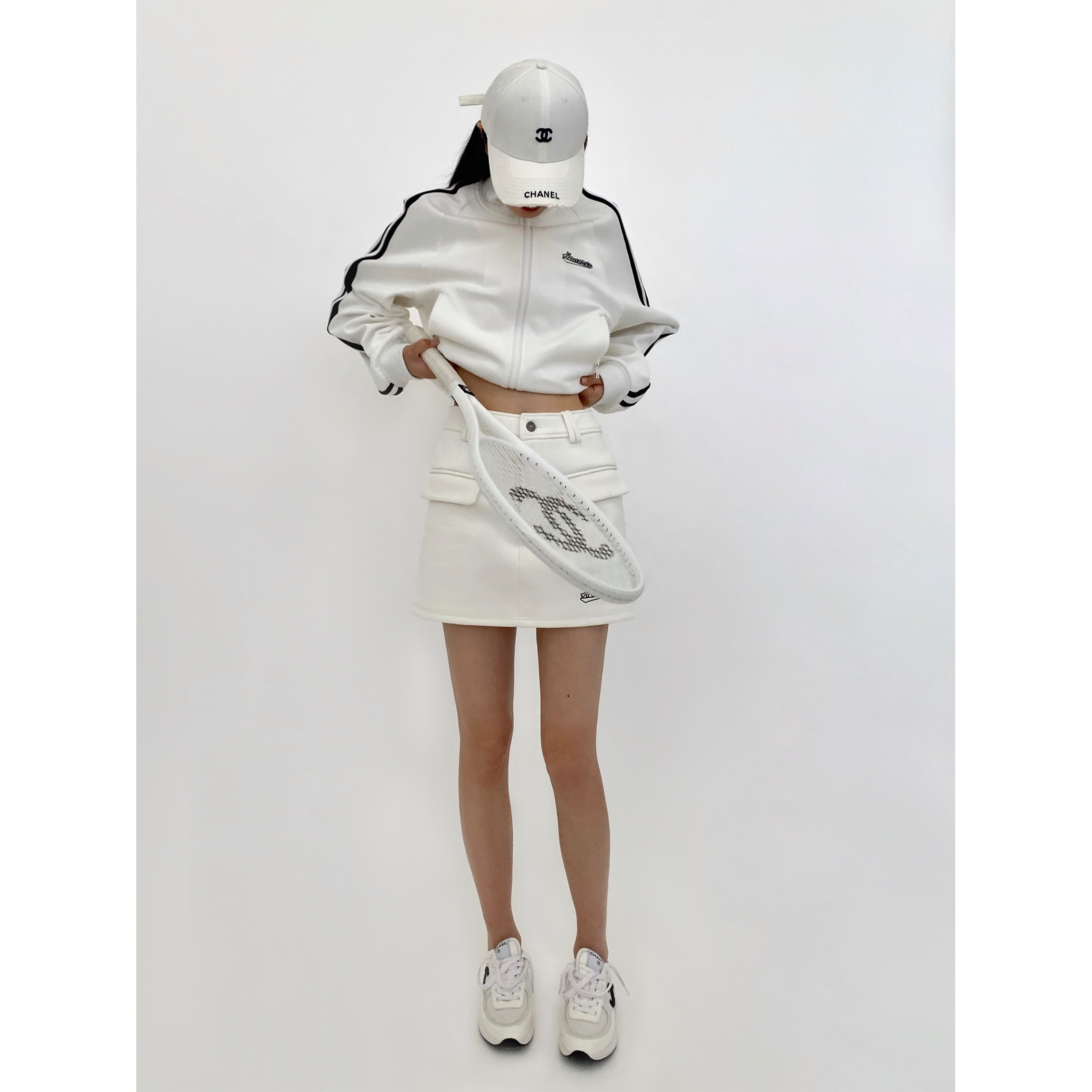 HONORE古月 无性别穿搭 美式双拉链立领撞色春季卫衣外套半裙套装 - 图0