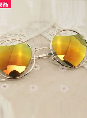 桃心反光复古风金属圆框太阳镜