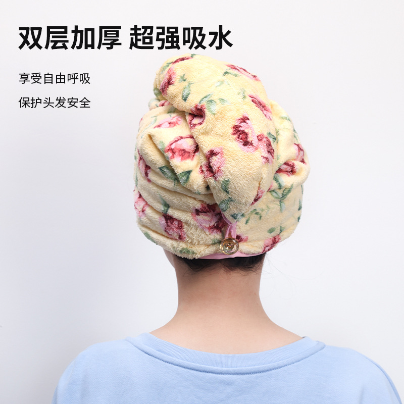 韩国进口 玫瑰花图案 珊瑚绒加厚干发帽裹头巾干发巾长绒7倍吸水 - 图0