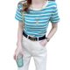 ຊຸດນອນທີ່ມີ pads ຫນ້າເອິກ, striped ເສື້ອທີເຊີດແຂນສັ້ນສໍາລັບແມ່ຍິງ, summer ຮູບແບບໃຫມ່, tops ຂອງແມ່ຍິງ, ຄໍເຕົ້າໄຂ່ທີ່ເກົາຫຼີໃຕ້ສໍາລັບນັກສຶກສາ