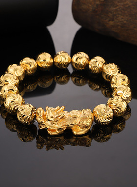 仿黄金貔貅手链男24k镀金男士沙金六子真言佛珠手串国风手饰
