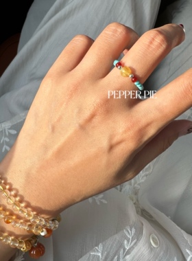 辣椒派 夏日s925银珠蓝松红玉髓琥珀新中式串珠戒指女 天然石