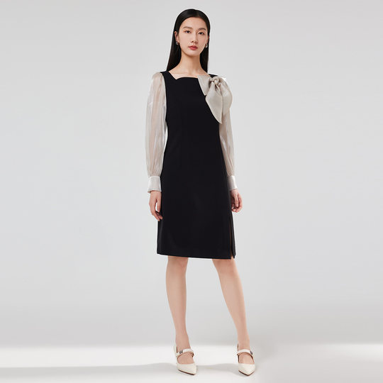 谷邦开叉中长款连衣裙2025春秋新款欧根纱拼接方领高腰显瘦裙子