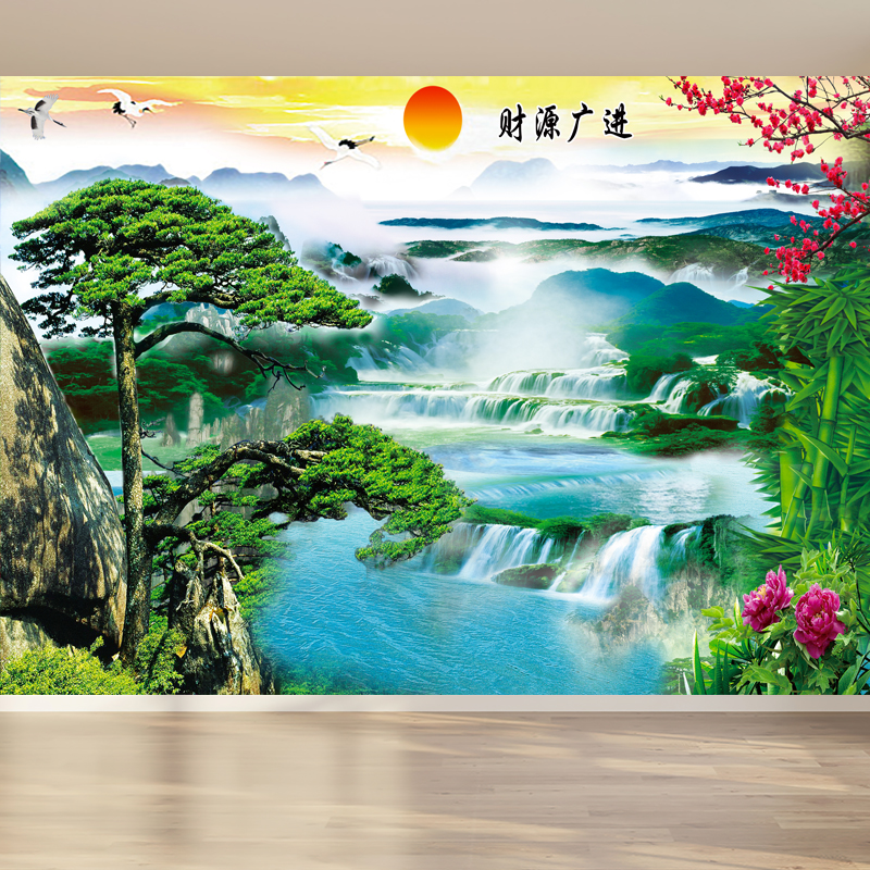 山水画自粘贴画3d立体风景画客厅装饰画墙纸直播间背景墙靠山壁画