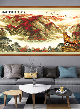 客厅山水装饰画办公室鸿运当头流水升财自粘水墨墙纸背景墙纸壁画