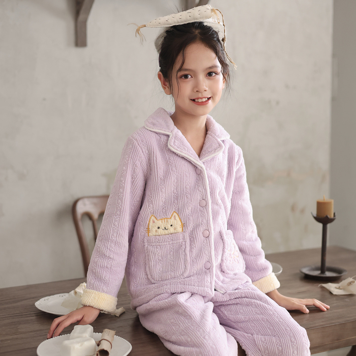米筱米儿童秋冬牛奶绒加厚保暖幸福小猫A类睡衣套女童家居服2025,淘宝优惠券,粉丝福利购,淘宝优惠卷