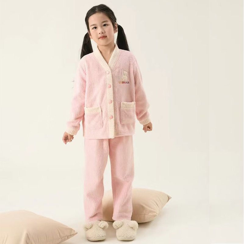 米筱米儿童秋冬牛奶绒加厚保暖V领撞色A类长袖睡衣套女童家居服,淘宝优惠券,粉丝福利购,淘宝优惠卷