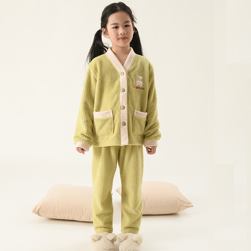 米筱米儿童秋冬牛奶绒加厚保暖V领撞色A类长袖睡衣套女童家居服,淘宝优惠券,粉丝福利购,淘宝优惠卷