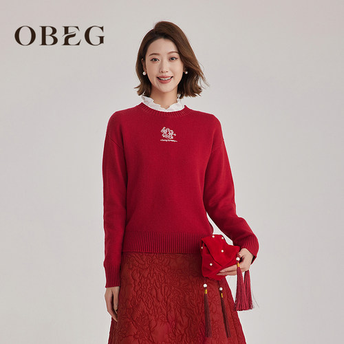 羊毛+羊绒OBEG欧碧倩秋冬温柔毛衣女软糯毛针织衫短款10501010 - 图0