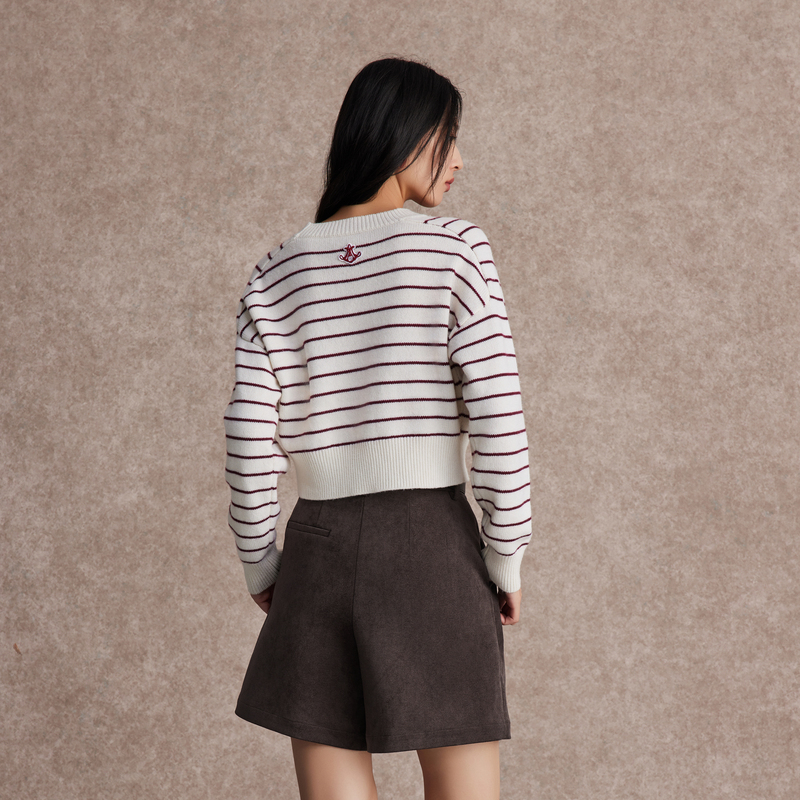 OBEG欧碧倩复古长袖针织衫短款条纹套头毛衣上衣女冬季10484042 - 图1