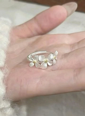 冷淡风银色栀子花戒指高级感