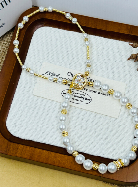 珍珠手链女小众镶锆四叶草双层