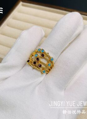 欧美跨境彩锆石铜戒指 轻奢宫廷风开口女戒 中古vintage小众指环