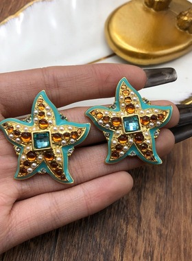 复刻法式浪漫中古蓝色海星造型莱茵宝石珍珠银针耳钉耳夹雾金胸针