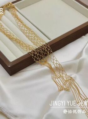 法式宫廷风编织蕾丝网铜项链 中古vintage轻奢设计感长款毛衣链