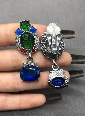 中古重工蓝色莱茵石项链耳环套装女高订欧美夸张高级气质项链耳夹