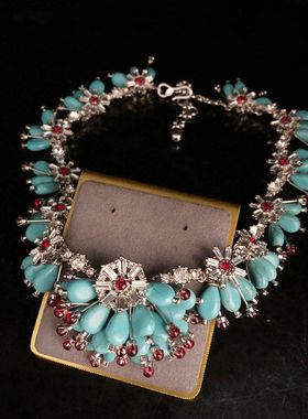 vintage中古重工设计时尚饰品绿松石莱茵石镶嵌优雅气质精致项链