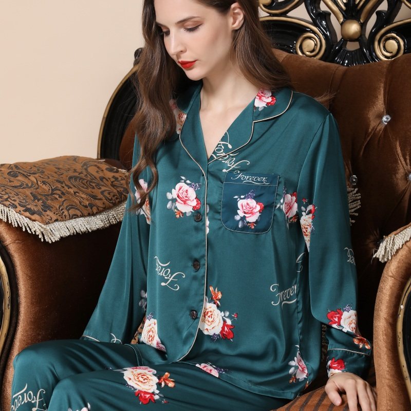 冰丝春夏秋长袖长裤仿真丝绸女睡衣 姬斯德妮睡衣/家居服套装