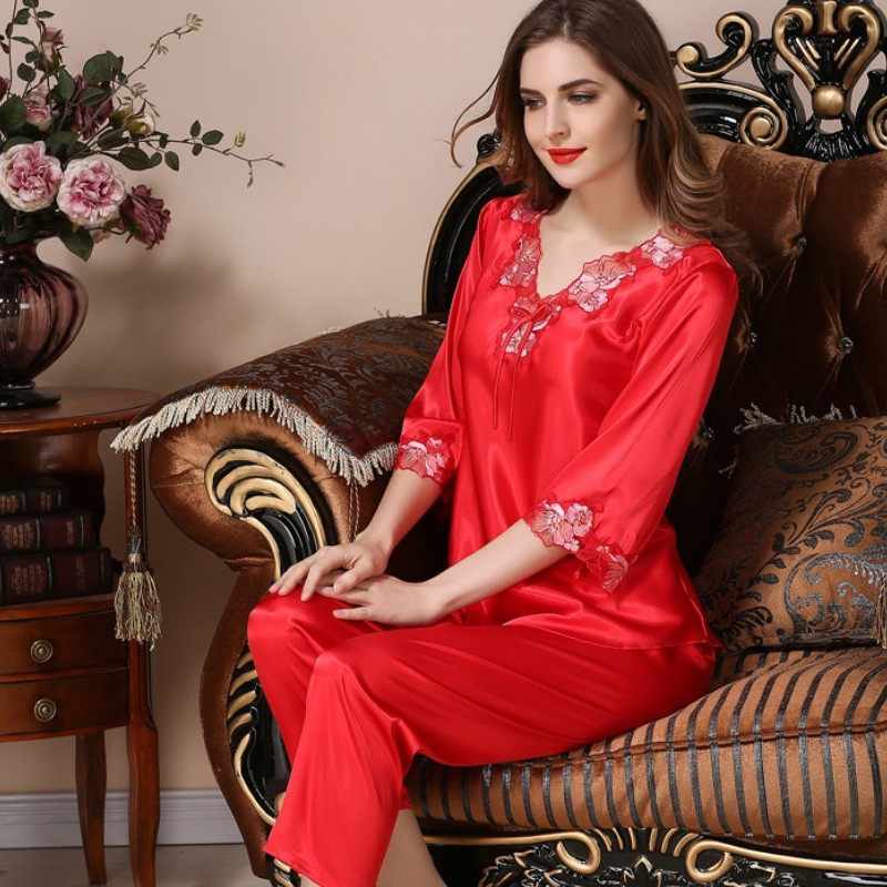 冰丝长袖长裤宽松休闲仿真丝绸睡衣 姬斯德妮睡衣/家居服套装