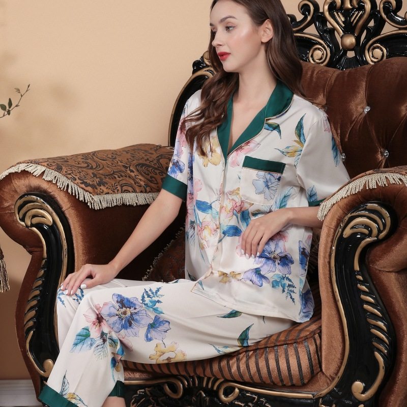 夏季短袖长裤真丝绸睡衣套装睡衣 姬斯德妮睡衣/家居服套装