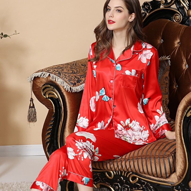 冰丝春夏秋长袖长裤仿真丝绸女睡衣 姬斯德妮睡衣/家居服套装