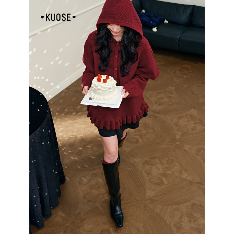 阔色红色披肩斗篷连帽毛衣两件套装25秋冬新年穿搭女针织衫上衣新,淘宝优惠券,粉丝福利购,淘宝优惠卷