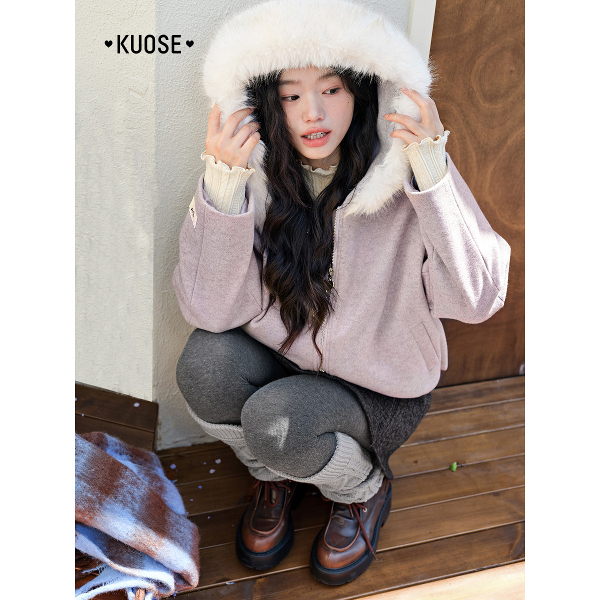 阔色灰紫色连帽毛领呢子大衣女2025秋冬新款慵懒红色毛呢外套短款,淘宝优惠券,粉丝福利购,淘宝优惠卷